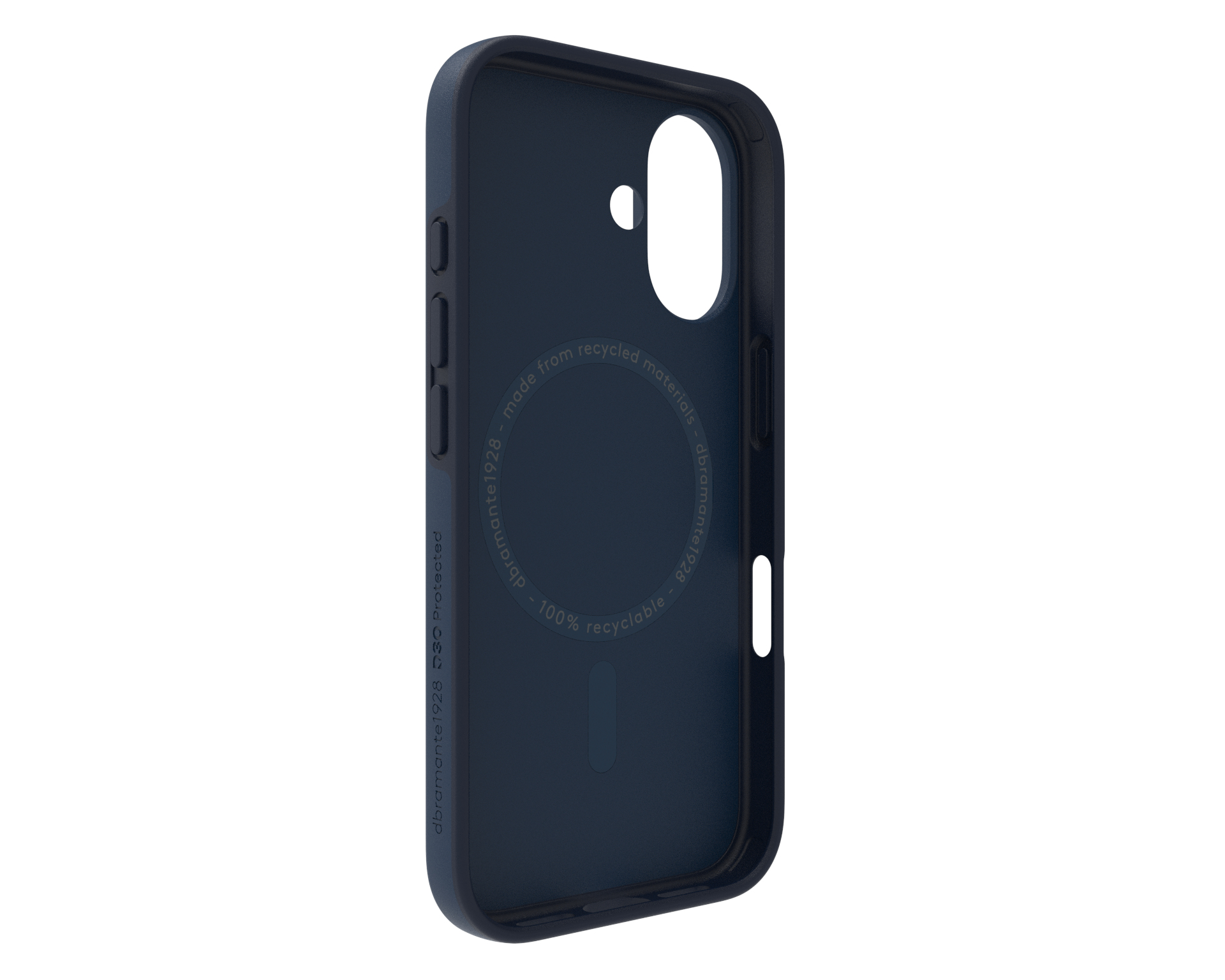 Una custodia per telefono blu scuro. Ha aperture per fotocamera e pulsanti. Il testo sulla custodia menziona materiali riciclati e riciclabilità.