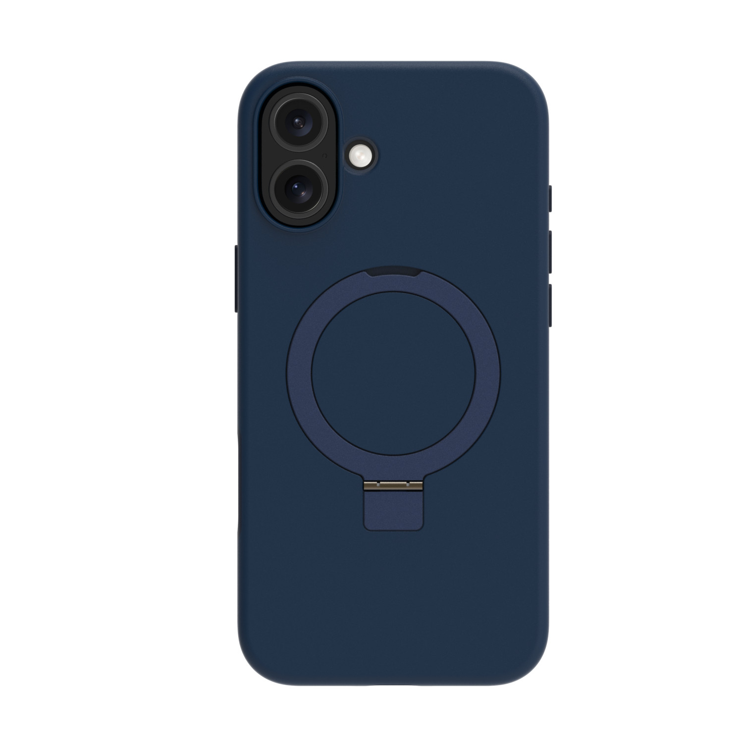 Una custodia blu navy. Ha due obiettivi, un portanello e un supporto. Lo sfondo è bianco.