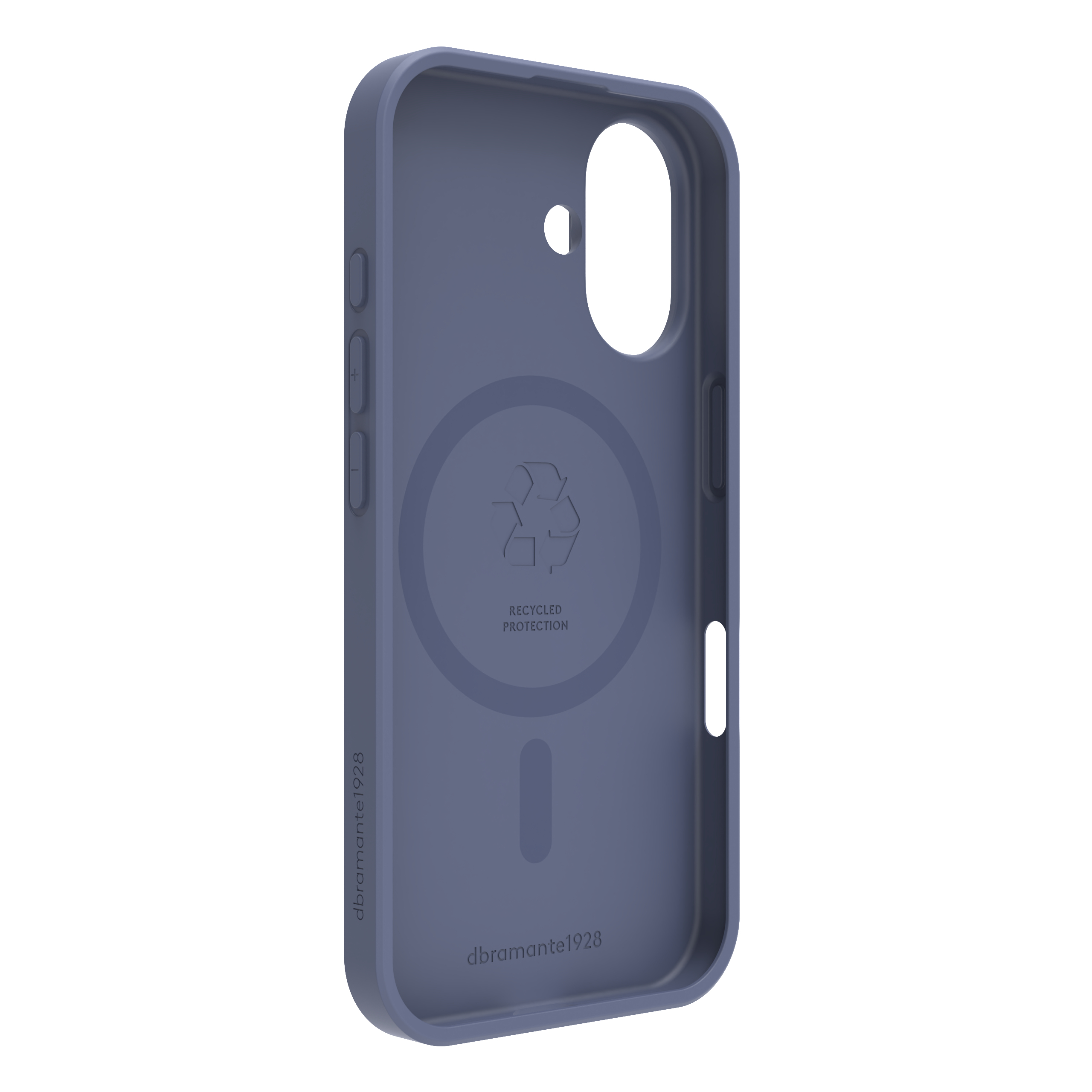 Una custodia blu per telefono con aperture per fotocamera e pulsanti. Presenta un simbolo di riciclo e 'recycled protection'.