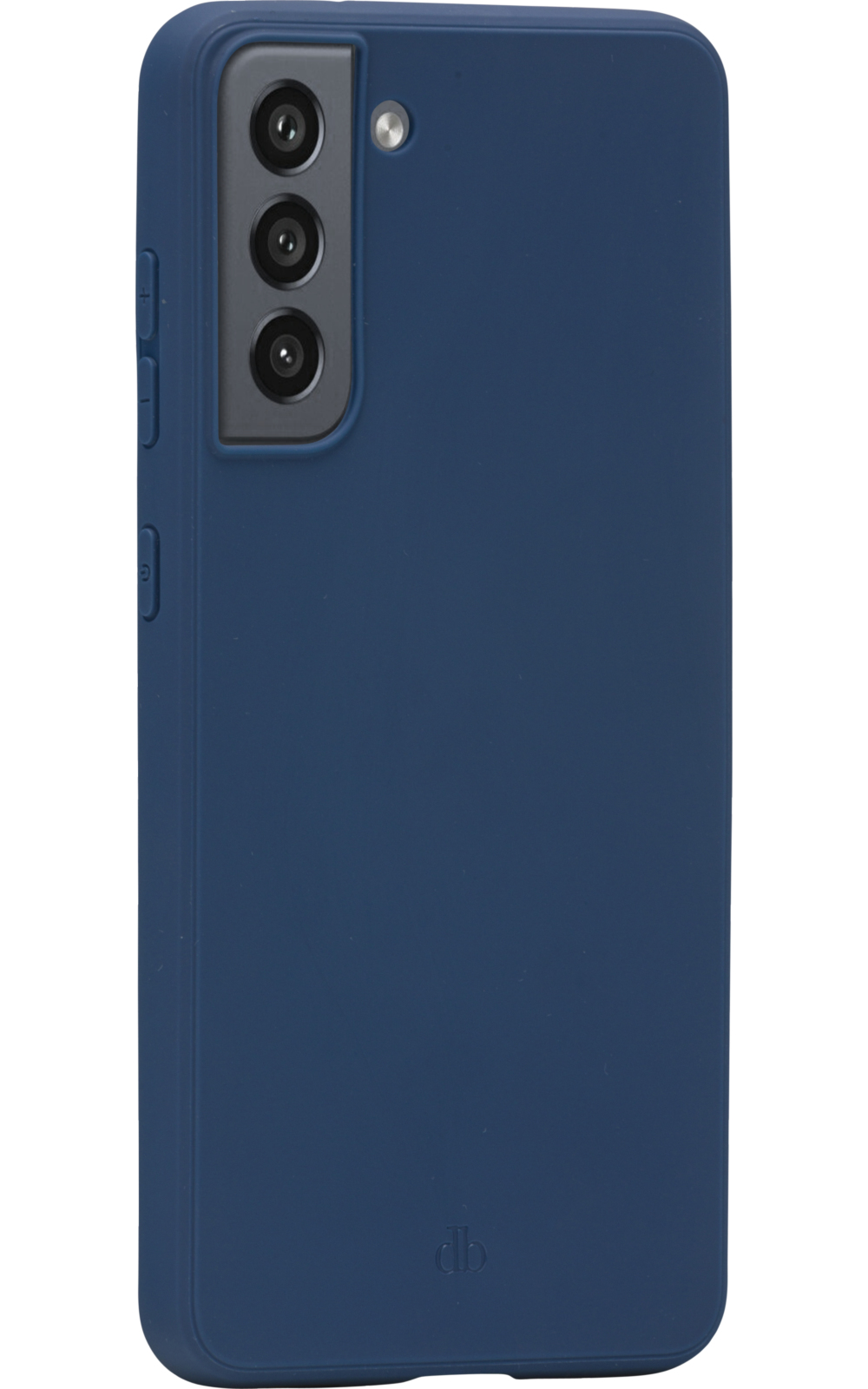 Una custodia blu navy per telefono. Ha tre obiettivi e un piccolo logo in basso. La custodia è liscia e opaca.