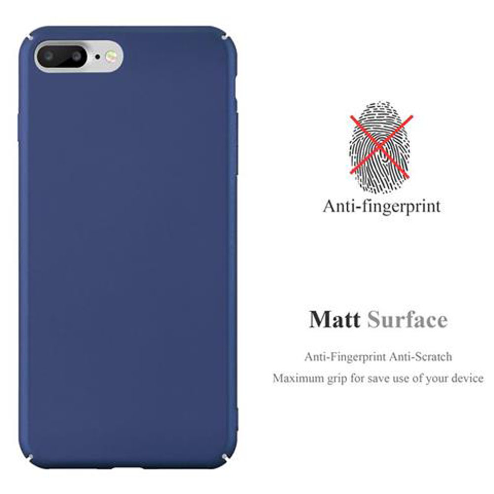 Una custodia blu navy. Accanto, un grafico anti-impronte e il testo 'Matt Surface'. Ulteriore testo: 'Anti-impronte Anti-graffio'.