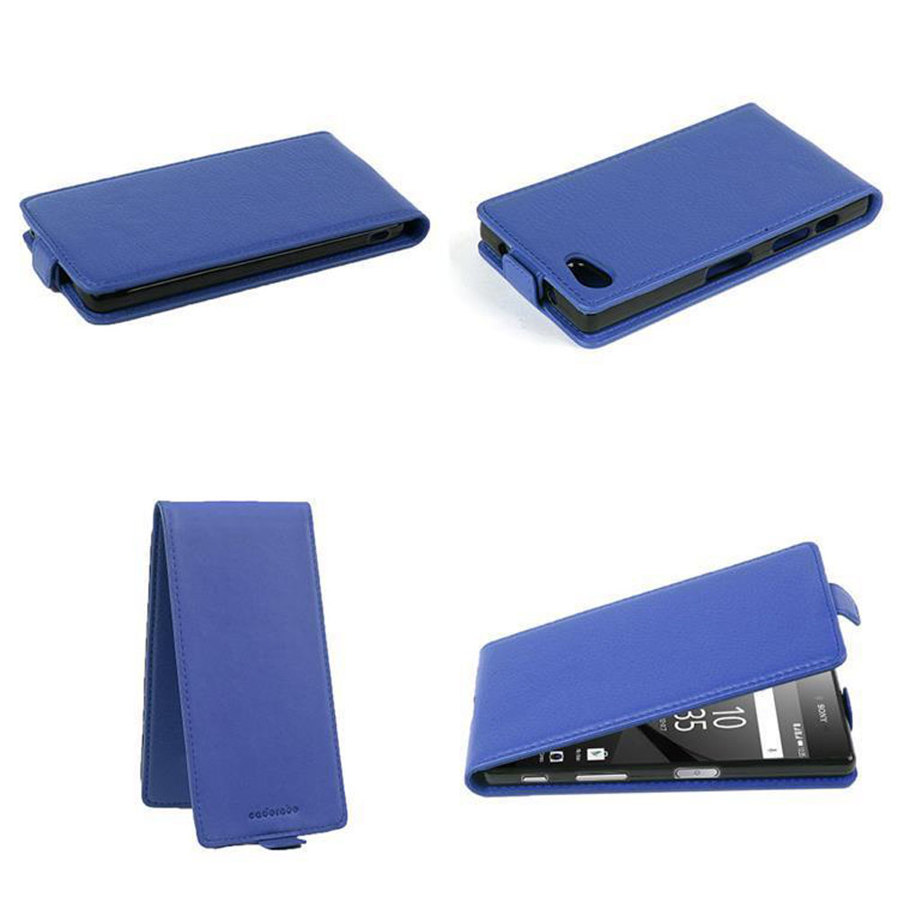 Quattro viste di una custodia blu per telefono. La custodia è aperta e chiusa, mostrando il telefono all'interno. La custodia è realizzata in materiale strutturato.
