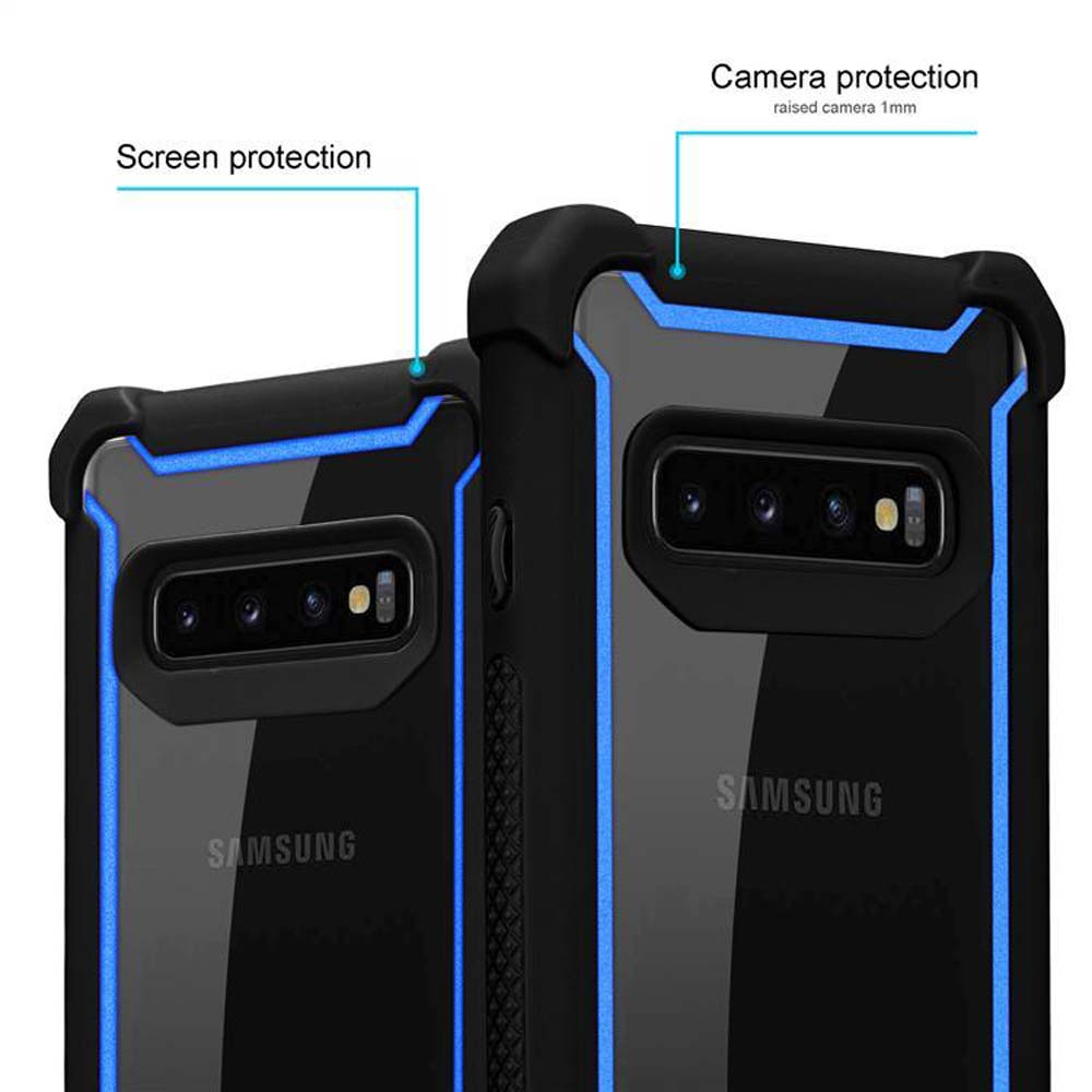 Zwei schwarze Handyhüllen mit blauen Akzenten. Text weist auf Bildschirm- und Kameraschutz hin. Samsung-Logo sichtbar.