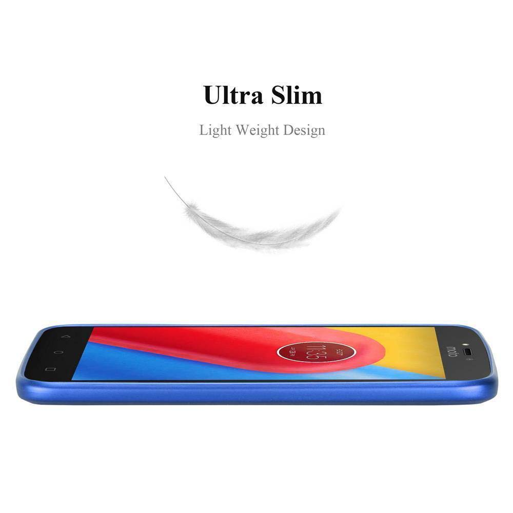Uno smartphone blu con schermo rosso e giallo, sfondo bianco, una piuma e il testo 'Ultra Slim' e 'Light Weight Design'.