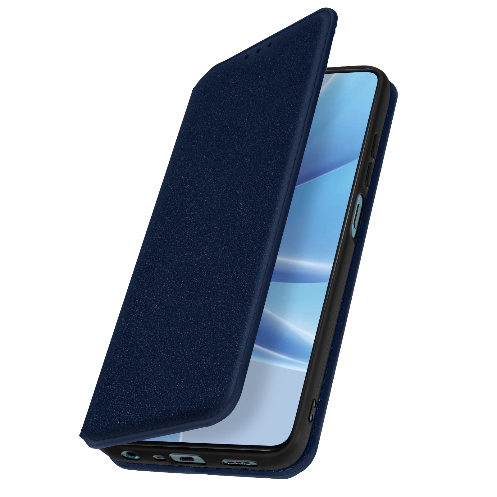 Una custodia blu navy è aperta, rivelando lo schermo di uno smartphone, su sfondo bianco.