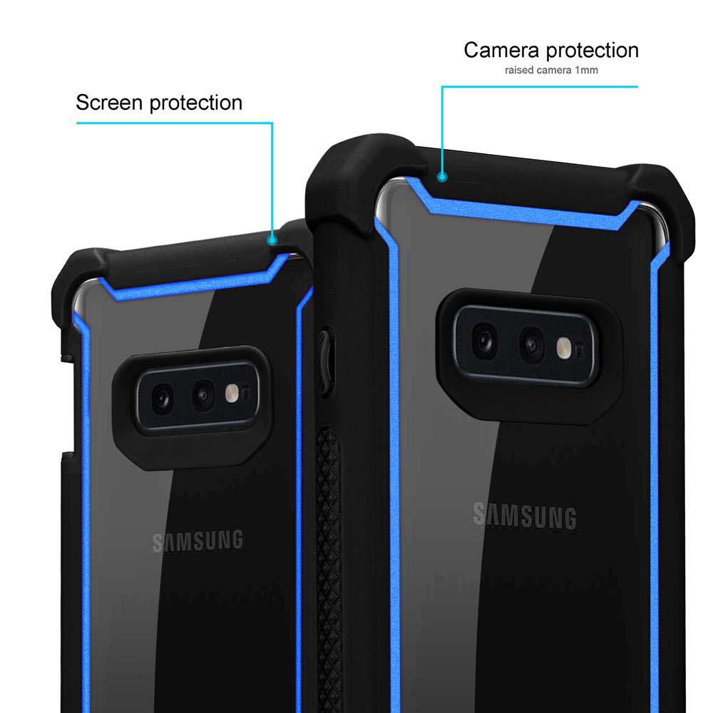 Zwei schwarz-blaue Handyhüllen. Eine mit der Aufschrift Bildschirmschutz, die andere mit Kameraschutz. Beide zeigen das Samsung-Logo.