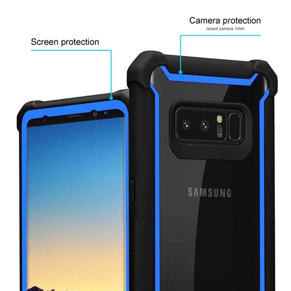Zwei schwarze Handyhüllen mit blauen Akzenten, eine mit dem Samsung-Logo. Bildschirm- und Kameraschutz werden hervorgehoben.
