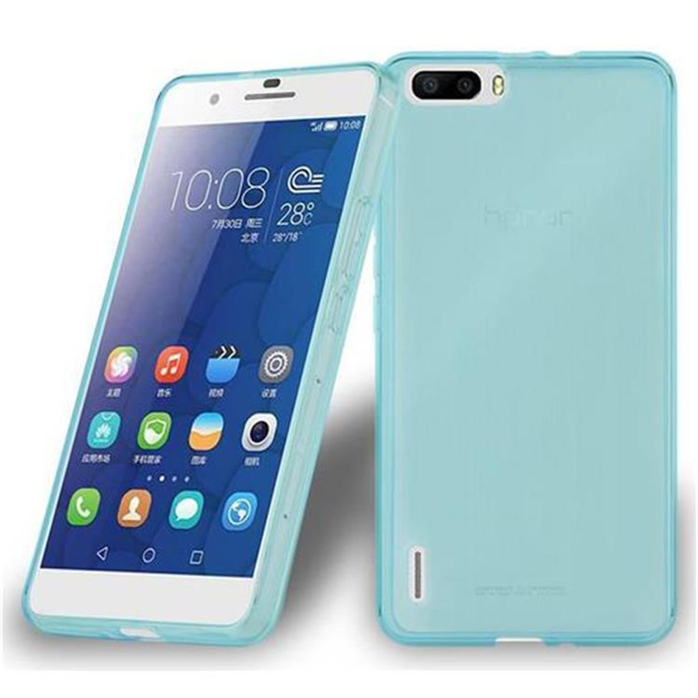 Uno smartphone con custodia blu a sinistra, che mostra l'ora. Il retro del telefono è a destra. Lo schermo mostra icone.