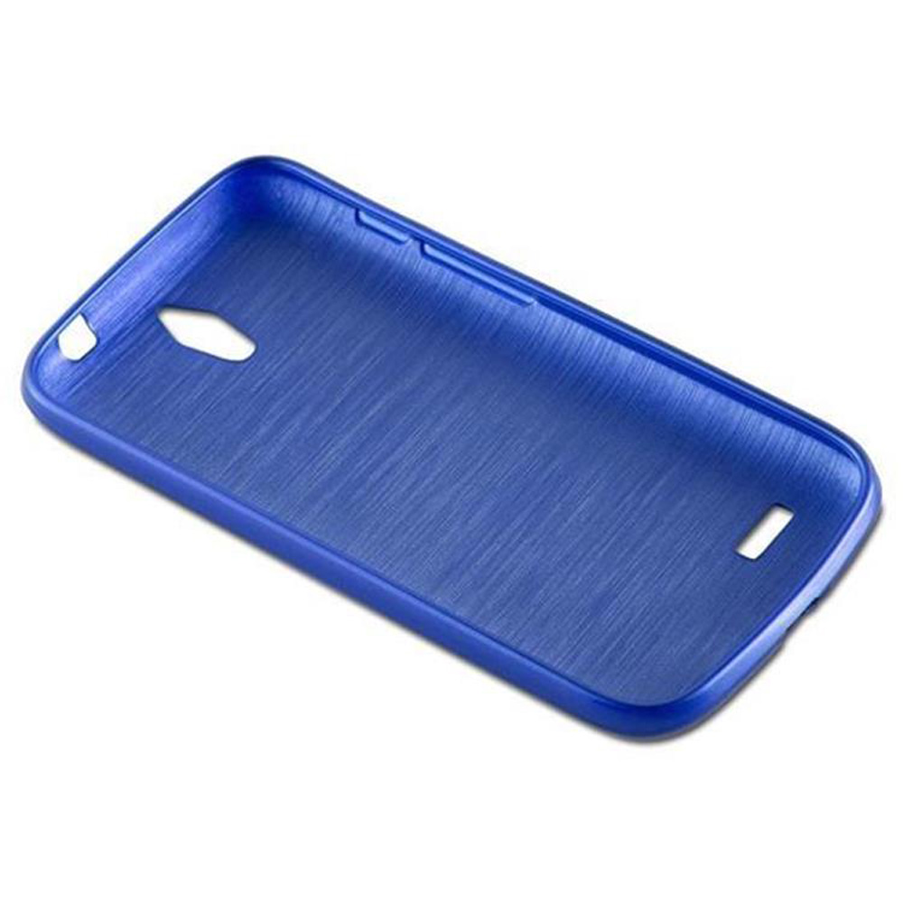 Eine blaue Handyhülle mit strukturierter Oberfläche, mit Öffnungen für Kamera und Anschlüsse. Die Hülle ist auf weißem Hintergrund abgewinkelt.