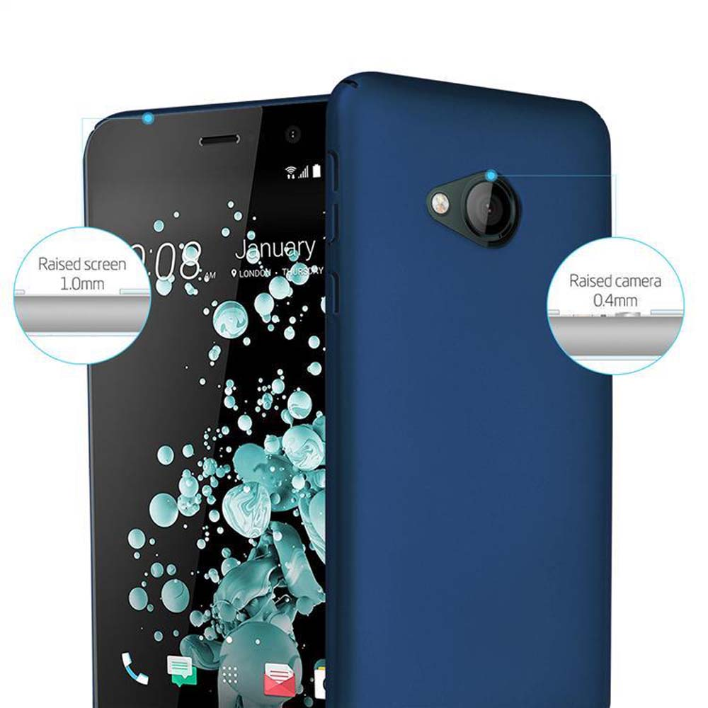 Viene mostrato uno smartphone con custodia blu. Lo schermo mostra l'ora, la data e un dettaglio dello schermo rialzato.