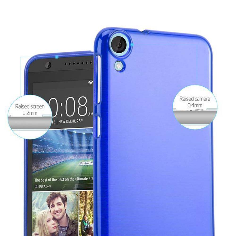 Un telefono e una custodia blu sono mostrati. Il telefono mostra l'ora 0:08 AM e ha uno schermo rialzato. La custodia ha una fotocamera rialzata.
