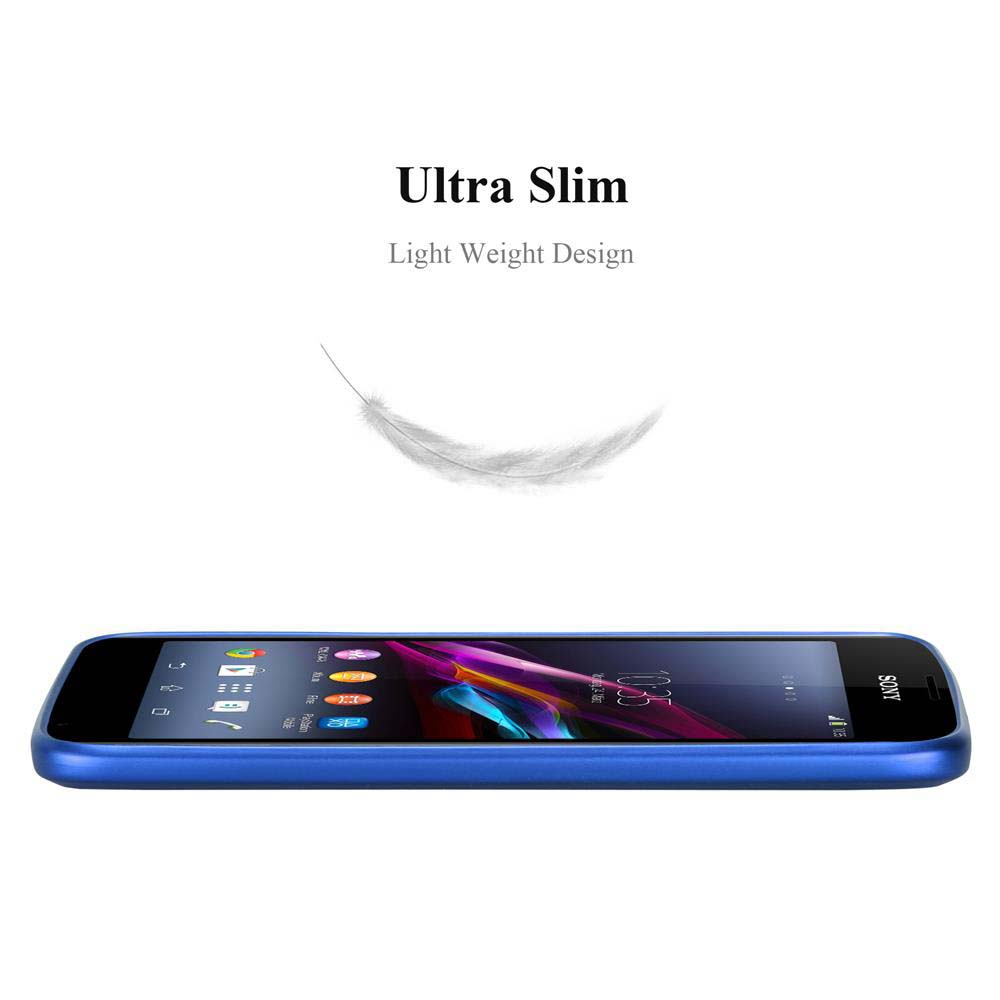 Ein blaues Smartphone mit Symbolen auf dem Bildschirm, eine Feder und der Text 'Ultra Slim, Light Weight Design' auf weißem Hintergrund.