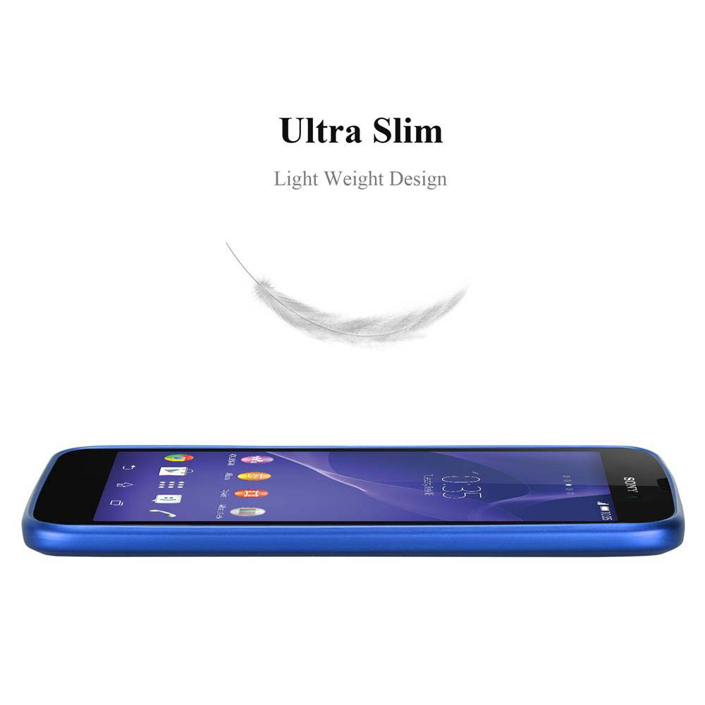 Ein blaues Smartphone liegt horizontal. Darüber stehen die Worte 'Ultra Slim, Light Weight Design' und eine schwebende Feder.