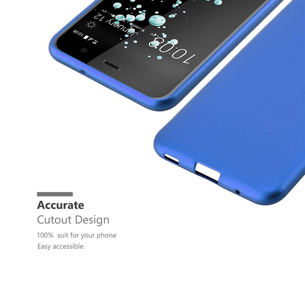 Una custodia blu per telefono accanto a un telefono che mostra l'ora e la data. Testo: 'Accurate Cutout Design'.