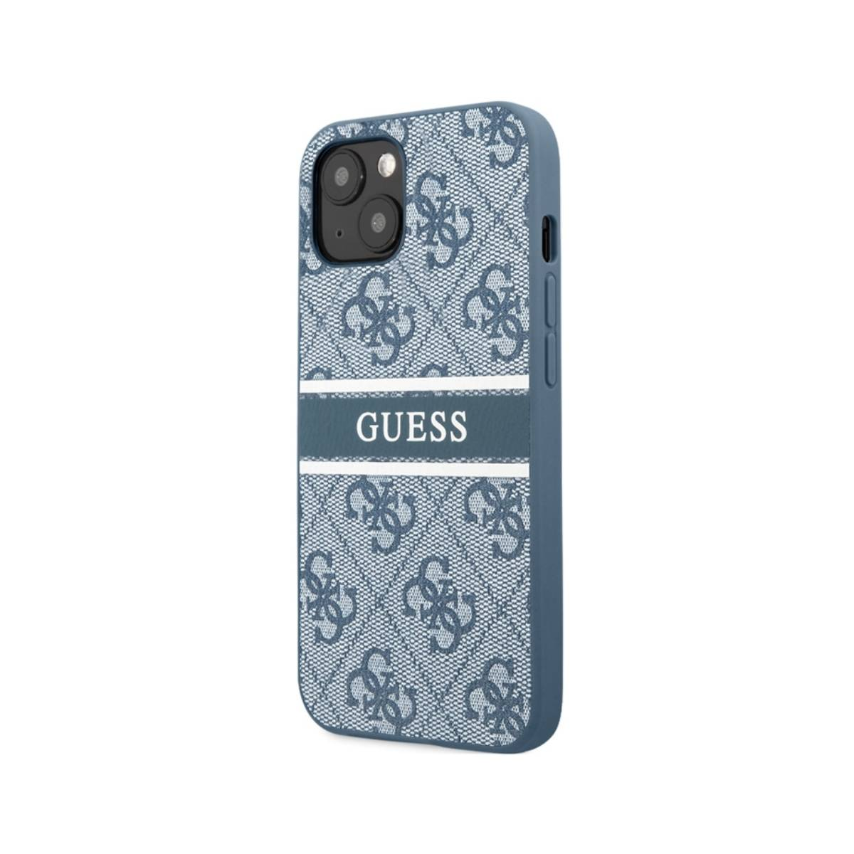 Una custodia blu per telefono con motivo e logo Guess. Ha un ritaglio per la fotocamera e pulsanti laterali. Lo sfondo è bianco.