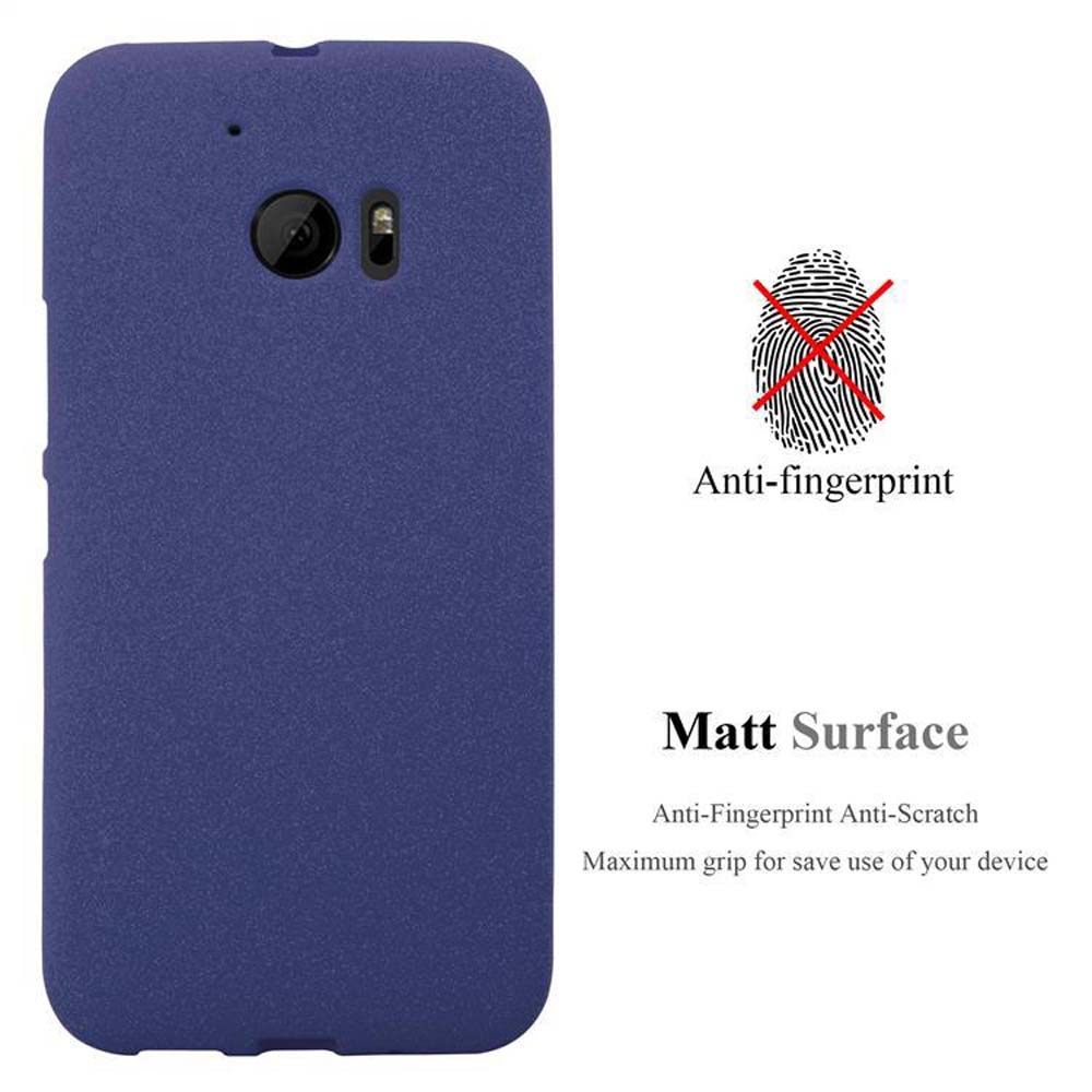 Una custodia per telefono blu scuro. Il testo indica anti-impronte, superficie opaca, antigraffio e massima presa per il dispositivo.