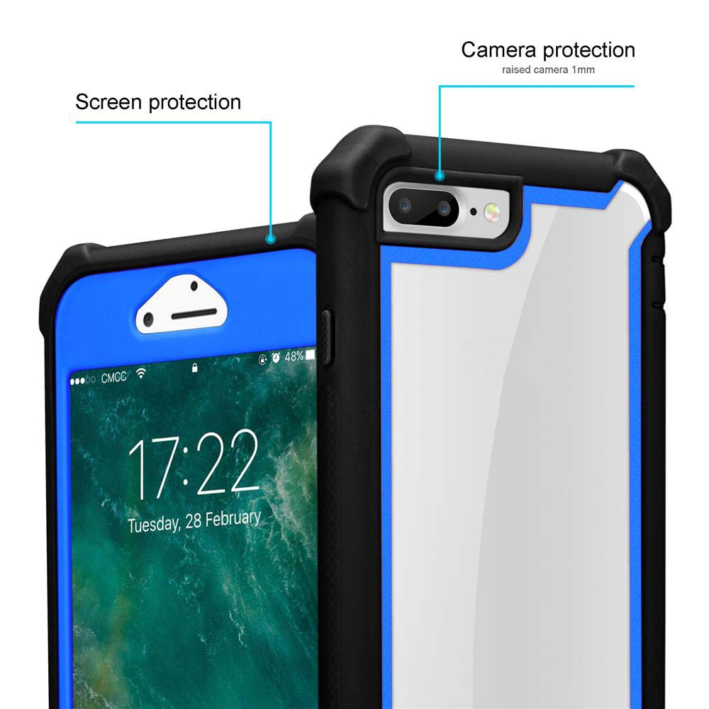 Viene mostrato uno smartphone in una custodia protettiva. Lo schermo mostra l'ora e la data. La custodia ha protezione schermo e fotocamera.