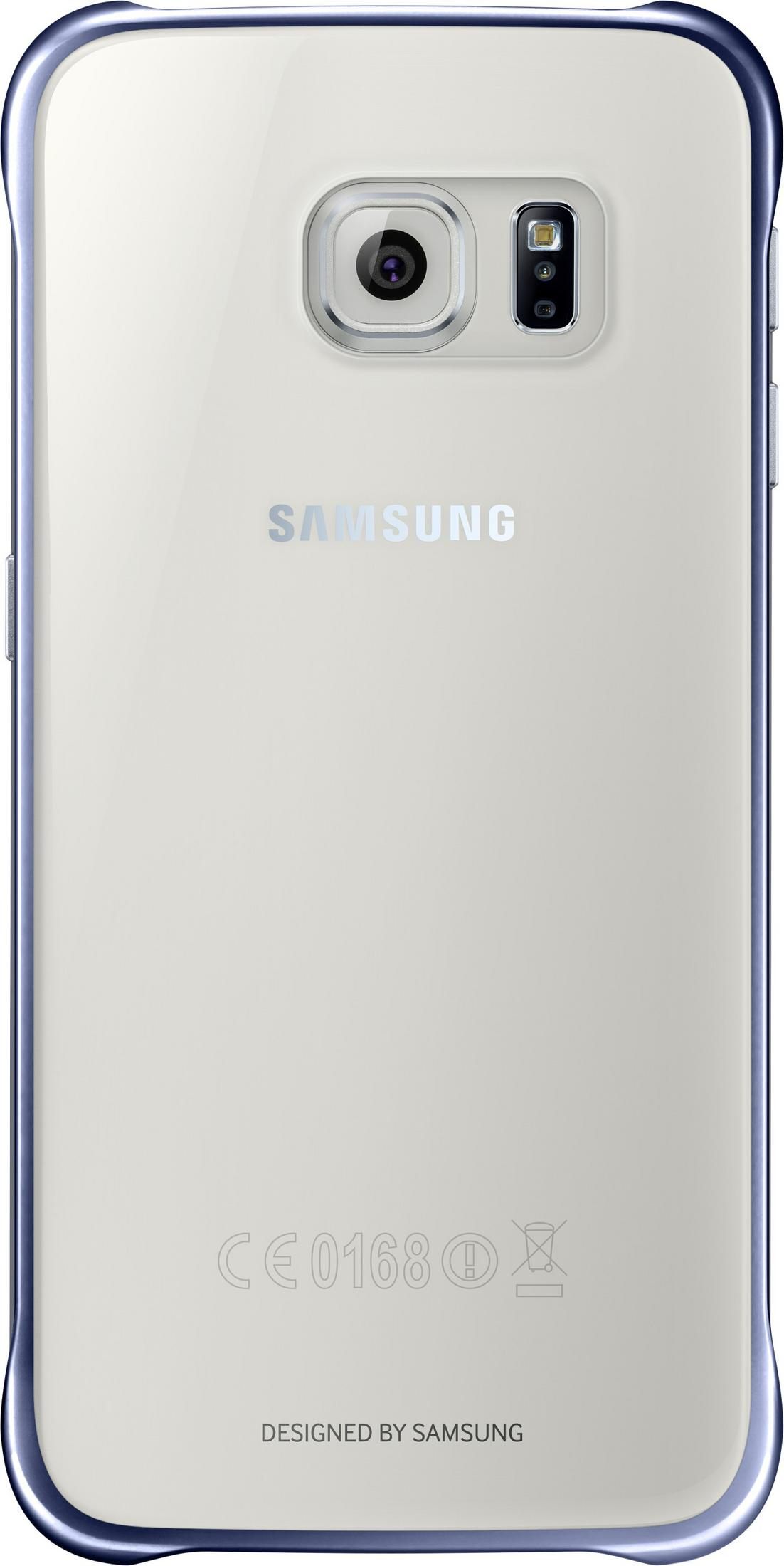 Retro di un telefono Samsung bianco con fotocamera, flash e logo. Ha una cornice blu e simboli normativi.