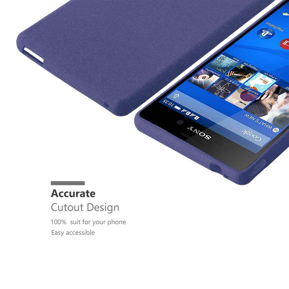 Una funda morada y un teléfono que muestra iconos de aplicaciones. El teléfono tiene el logotipo de Sony. La funda tiene un diseño de corte preciso.