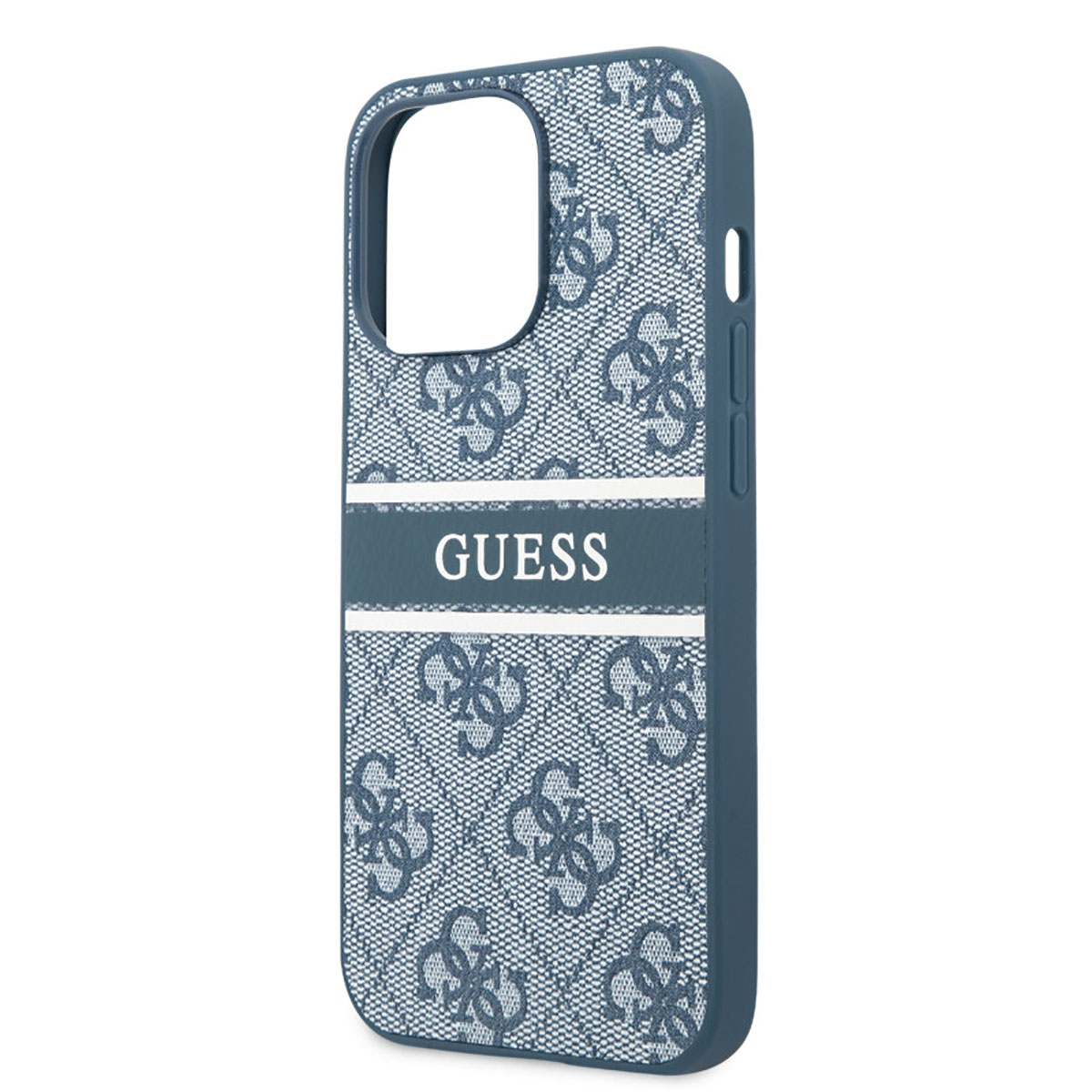 Una custodia blu Guess per telefono. Ha un design a fantasia e la scritta 'GUESS' in bianco. La custodia ha un ritaglio per la fotocamera.