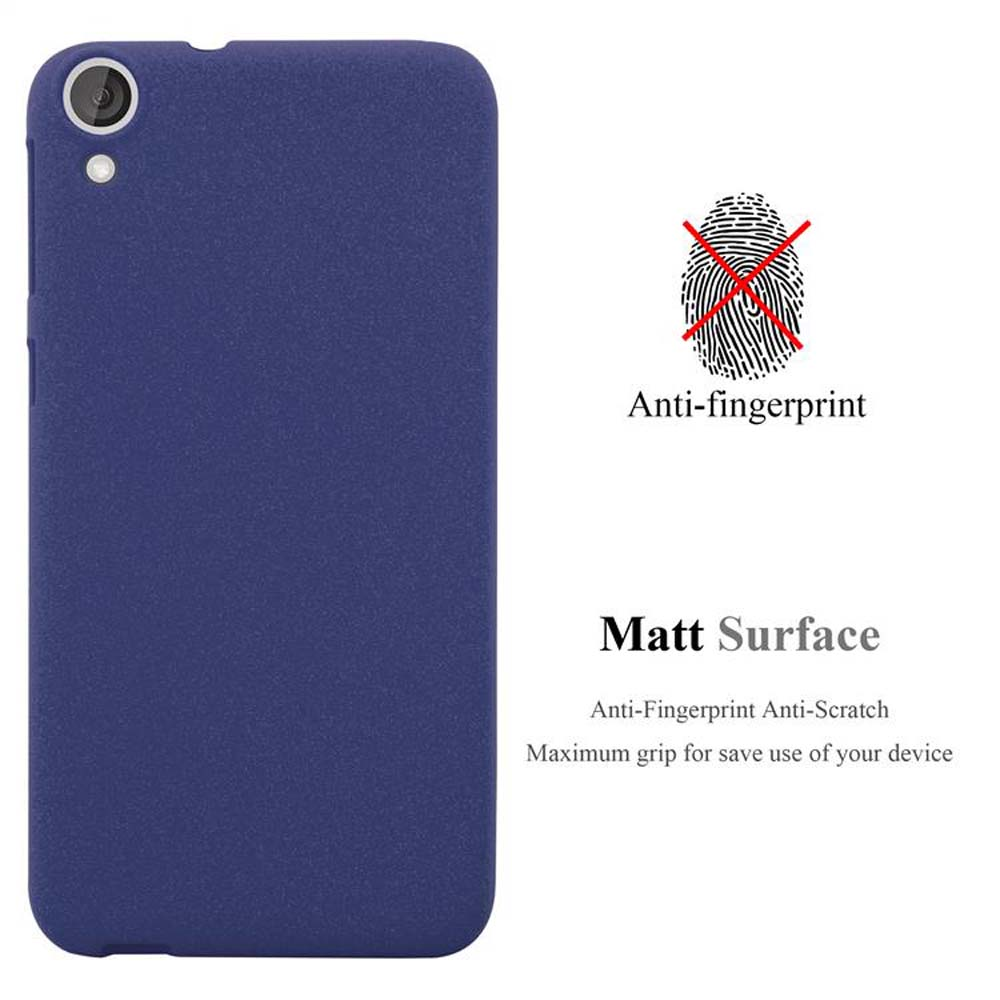 Una custodia per telefono blu scuro. Il testo dice anti-impronte e superficie opaca. Include un'immagine di impronta digitale con una croce rossa.