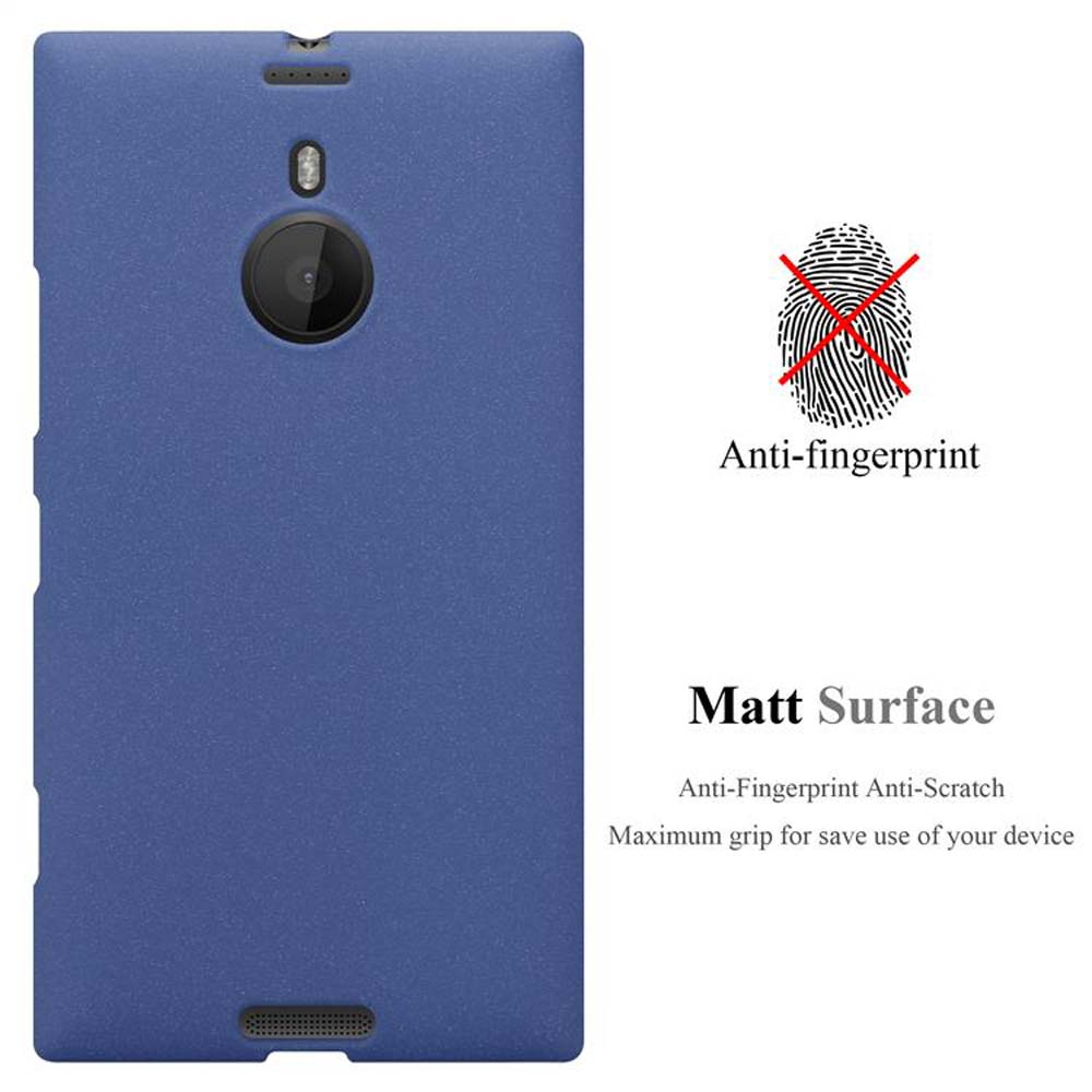 Una custodia blu per telefono con fotocamera e flash. Testo: 'Anti-impronte' e 'Superficie opaca'.
