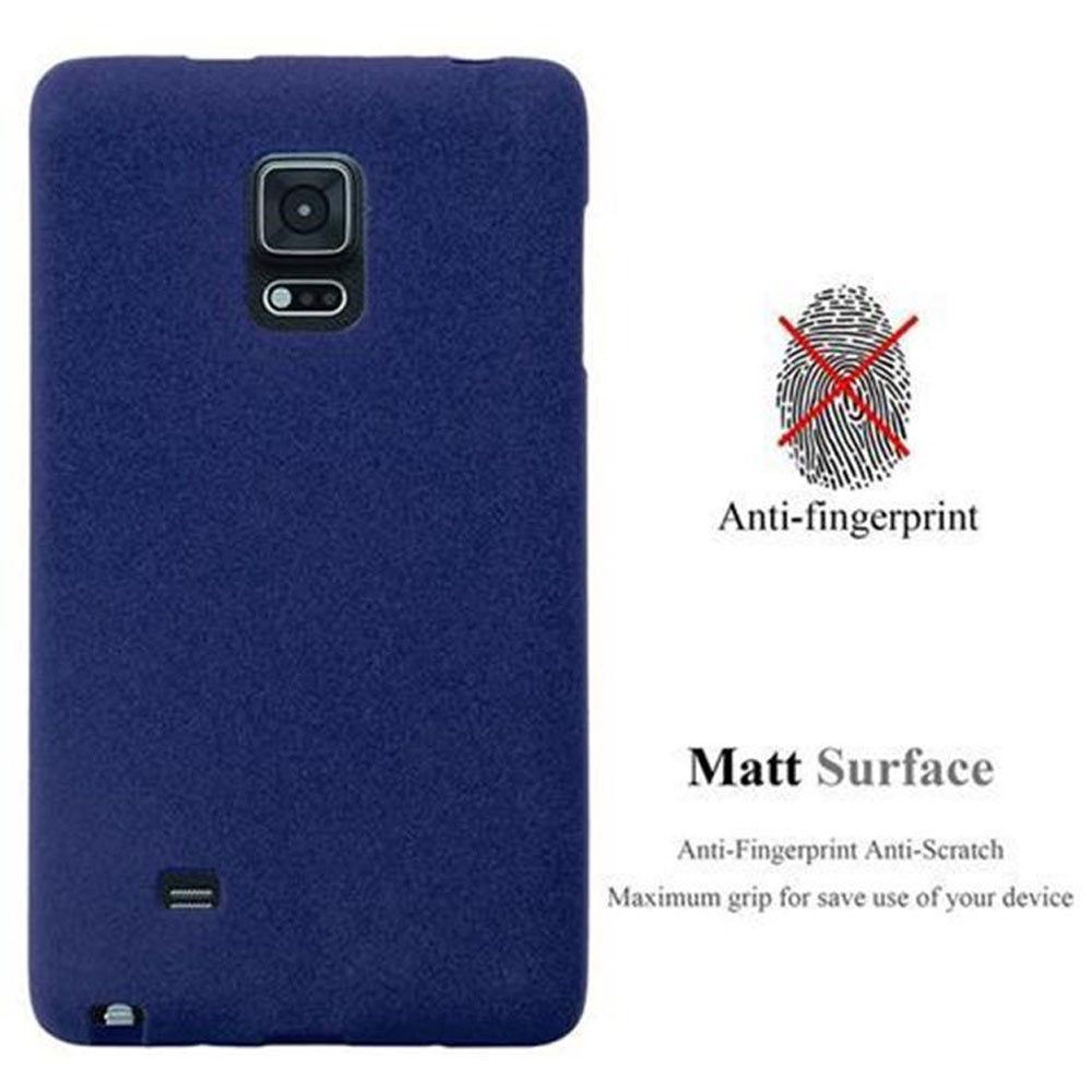 Una funda de teléfono azul oscuro. Tiene características anti-huellas y anti-arañazos. Texto: Superficie mate y Anti-huellas.