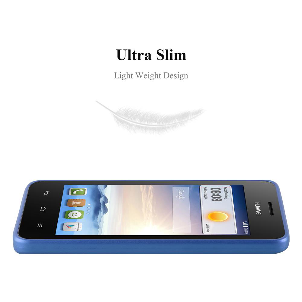 Telefono Huawei blu con schermo che mostra icone e ora. Testo sopra: 'Ultra Slim, Light Weight Design'.