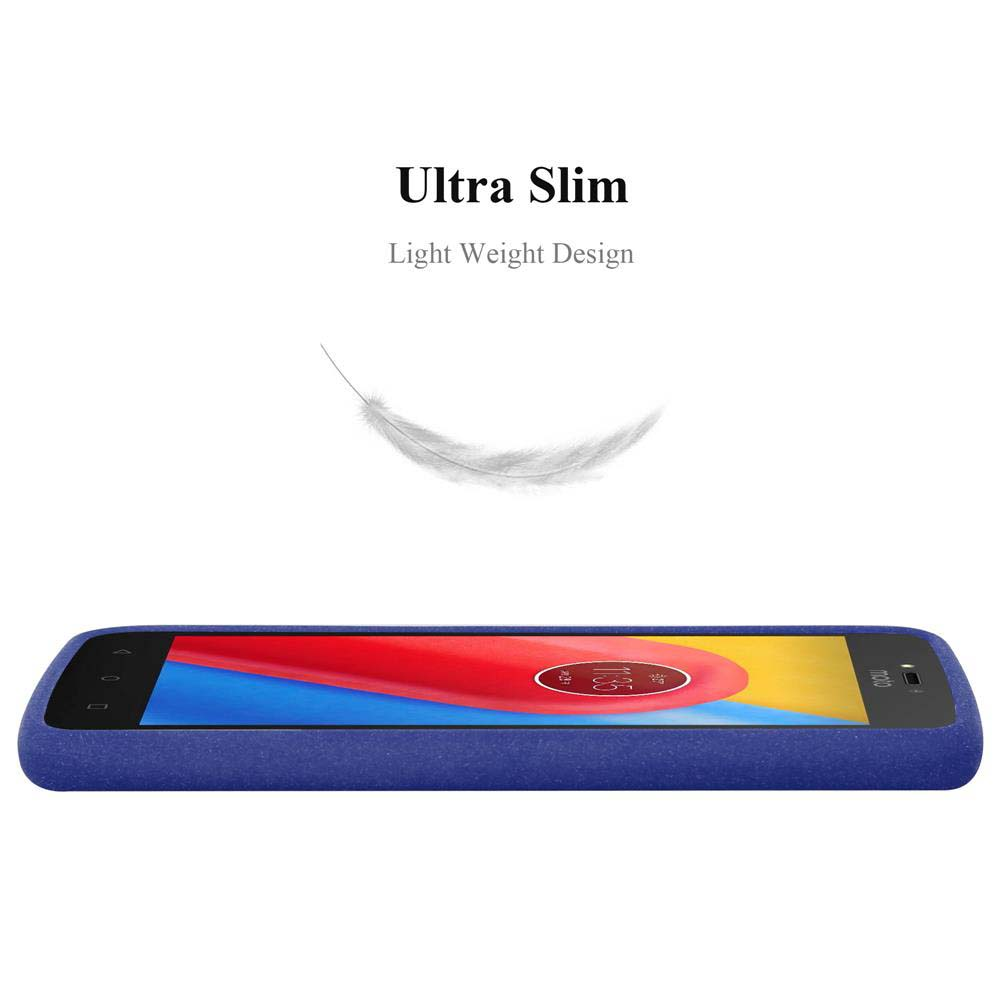 Un telefono blu su sfondo bianco. Ha uno schermo rosso e giallo. Il testo in alto dice Ultra Slim, Light Weight Design.