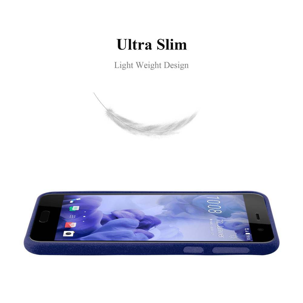 Uno smartphone con custodia blu su sfondo bianco. Sopra, le parole 'Ultra Slim' e 'Light Weight Design'.