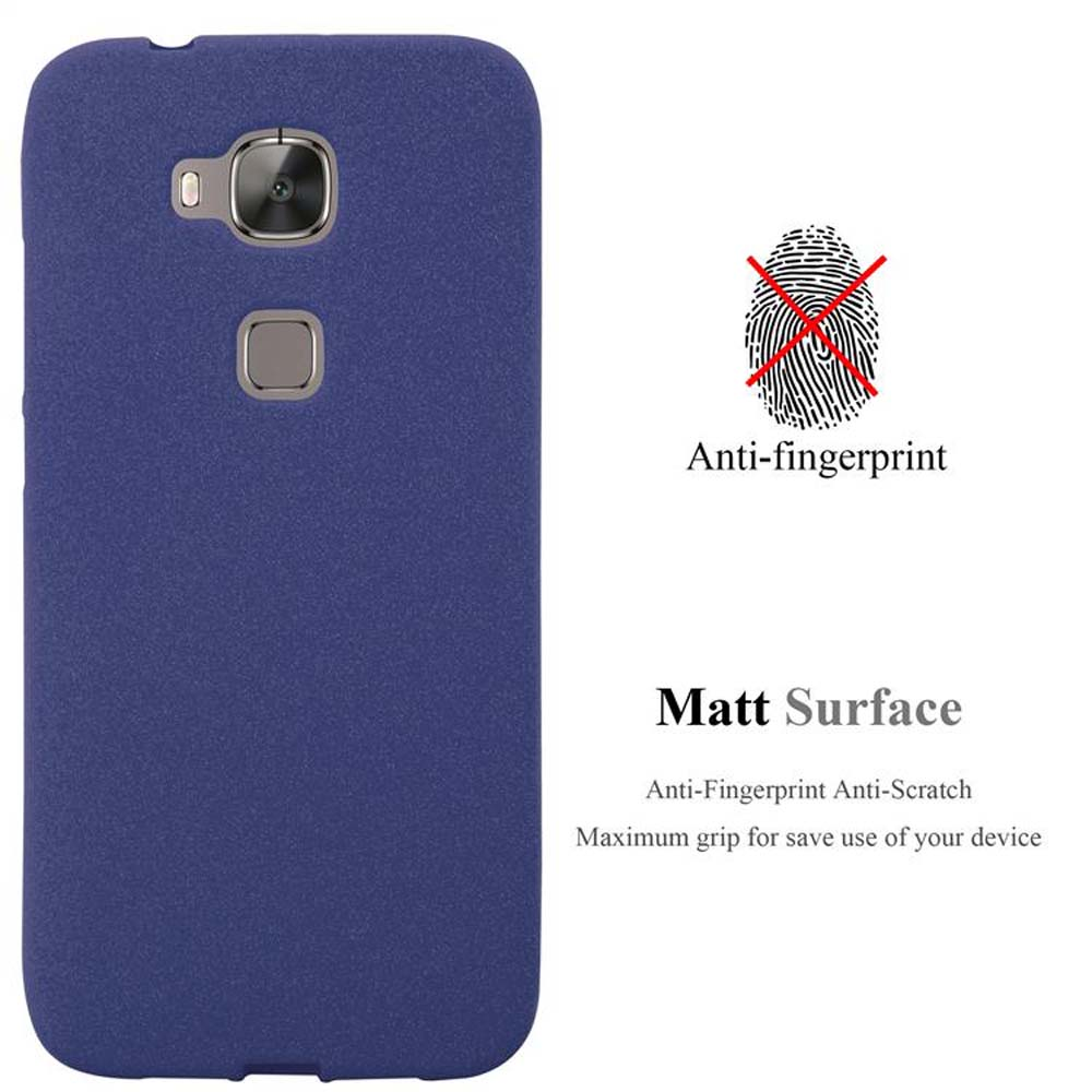 Funda azul para teléfono con cámara y símbolo de huella dactilar. Texto: Antihuellas, Superficie mate, Antirayaduras, Agarre máximo.