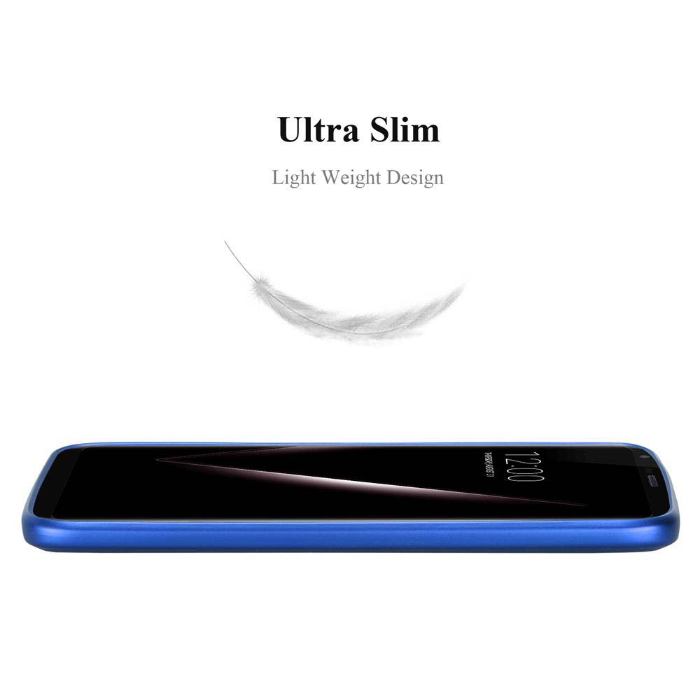 Ein blaues Smartphone mit schwarzem Bildschirm. Darüber steht 'Ultra Slim, Light Weight Design'. Eine Feder schwebt darüber.