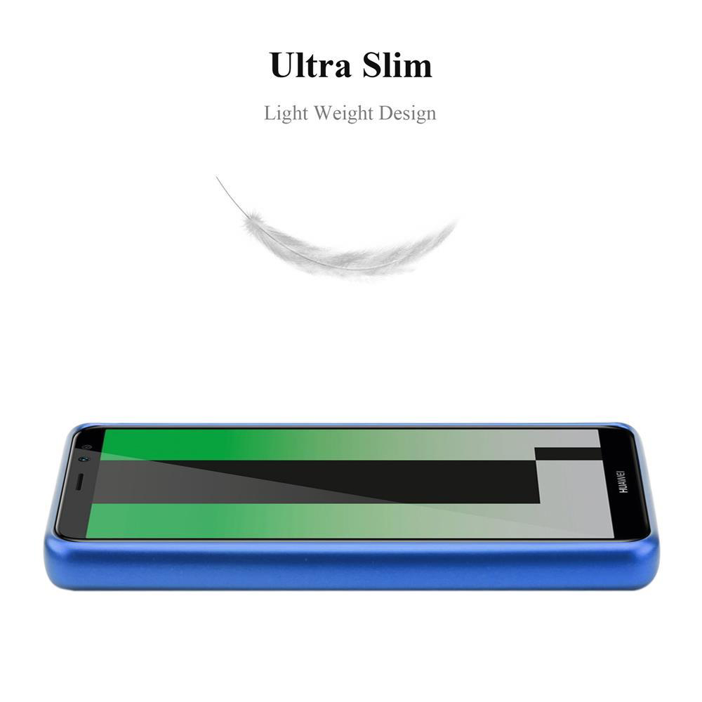 Eine blaue Handyhülle mit grünem und weißem Bildschirm wird vor weißem Hintergrund mit Text 'Ultra Slim' und einer Feder gezeigt.