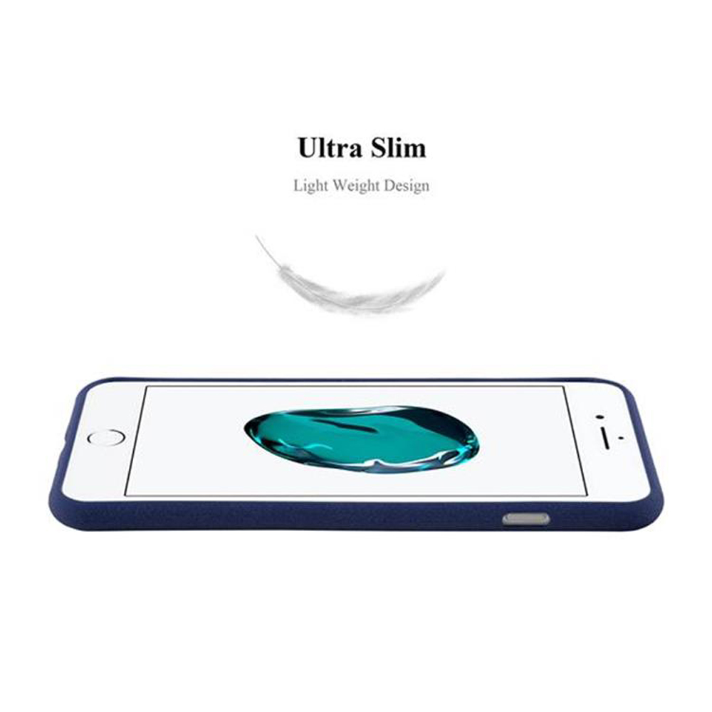 Uno smartphone con custodia blu è in mostra. Ha uno schermo bianco con uno schizzo blu scuro e verde. Testo "Ultra Slim".