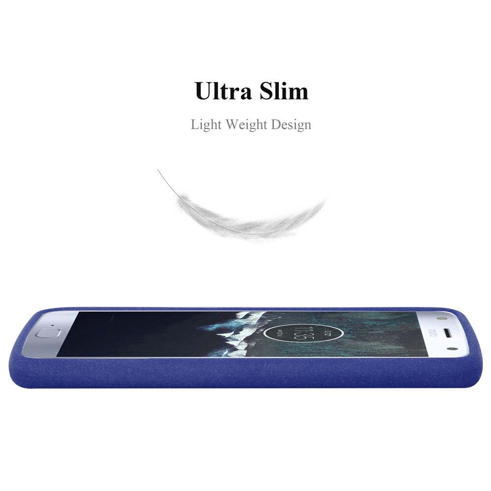 Una funda azul para teléfono con un teléfono dentro. El texto 'Ultra Slim' y 'Light Weight Design' están arriba.