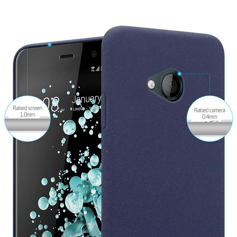 È mostrato uno smartphone con una custodia blu scuro. Lo schermo mostra la data dell'8 gennaio. Sono mostrati i dettagli dello schermo e della fotocamera rialzati.