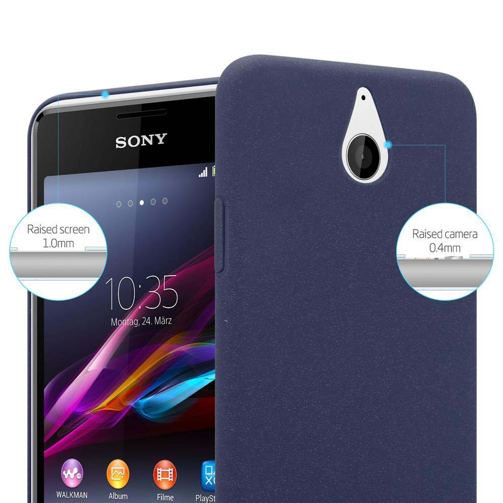 Un smartphone avec le logo Sony, affichant l'heure 10:35. Il a un écran et une caméra surélevés, avec une coque bleue.