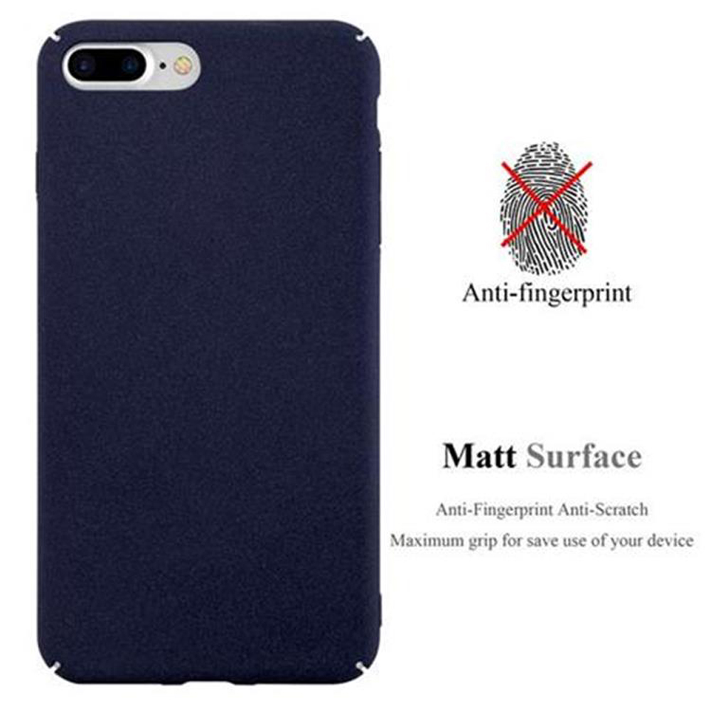 Marineblaue Handyhülle mit Kameraausschnitt. Text: Anti-Fingerabdruck, matte Oberfläche, Anti-Kratz, maximaler Halt. Fingerabdrucksymbol durchgestrichen.