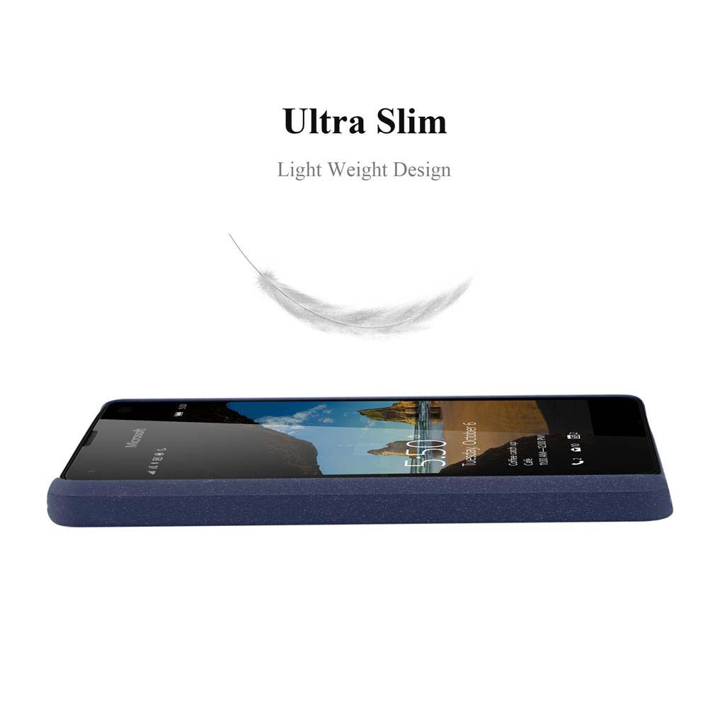 Un smartphone bleu foncé avec un écran paysage. 'Ultra Slim' et 'Light Weight Design' sont en haut.