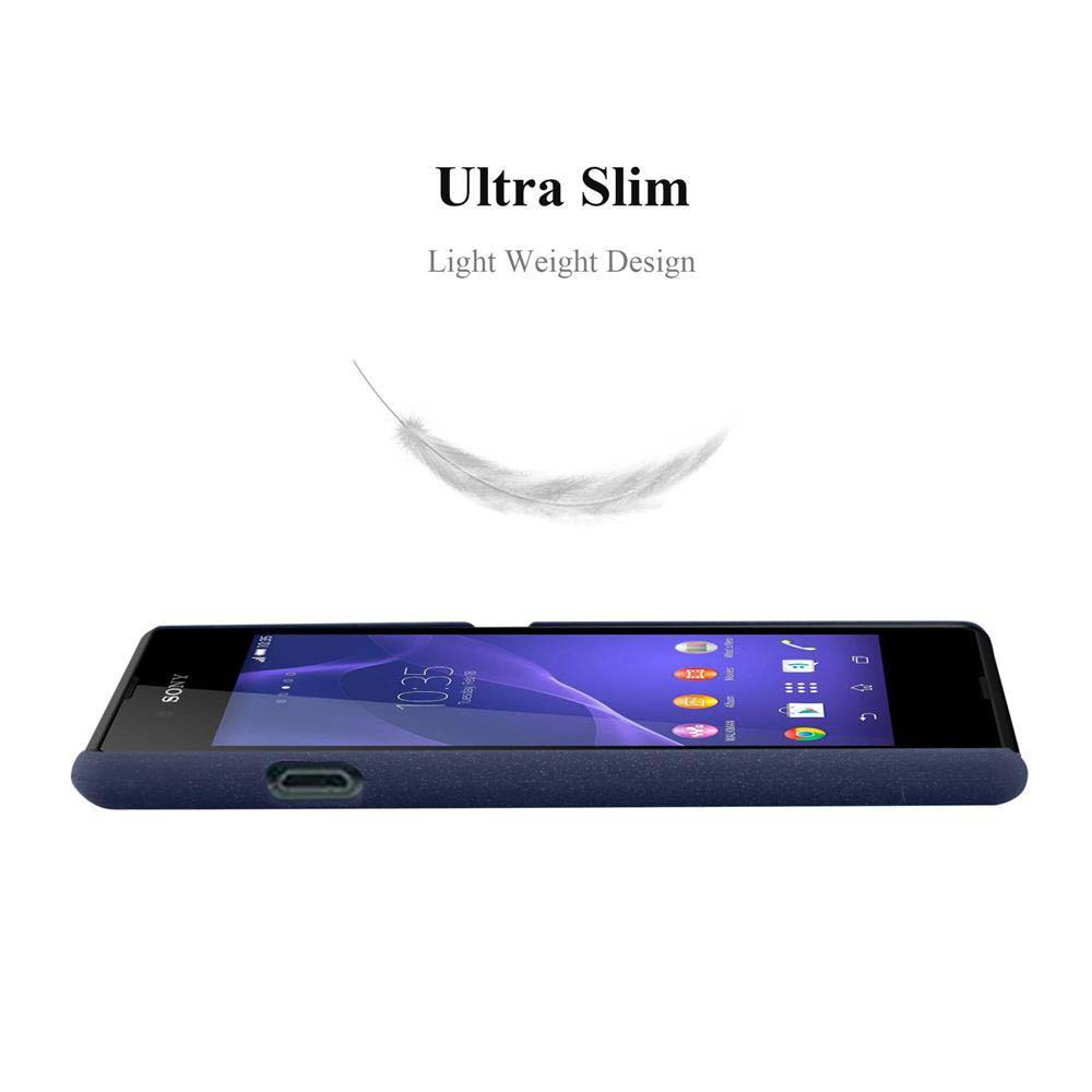 Dunkelblaues Telefon, Bildschirm zeigt Uhrzeit, mit weißer Feder und Text 'Ultra Slim Light Weight Design' auf weißem Hintergrund.