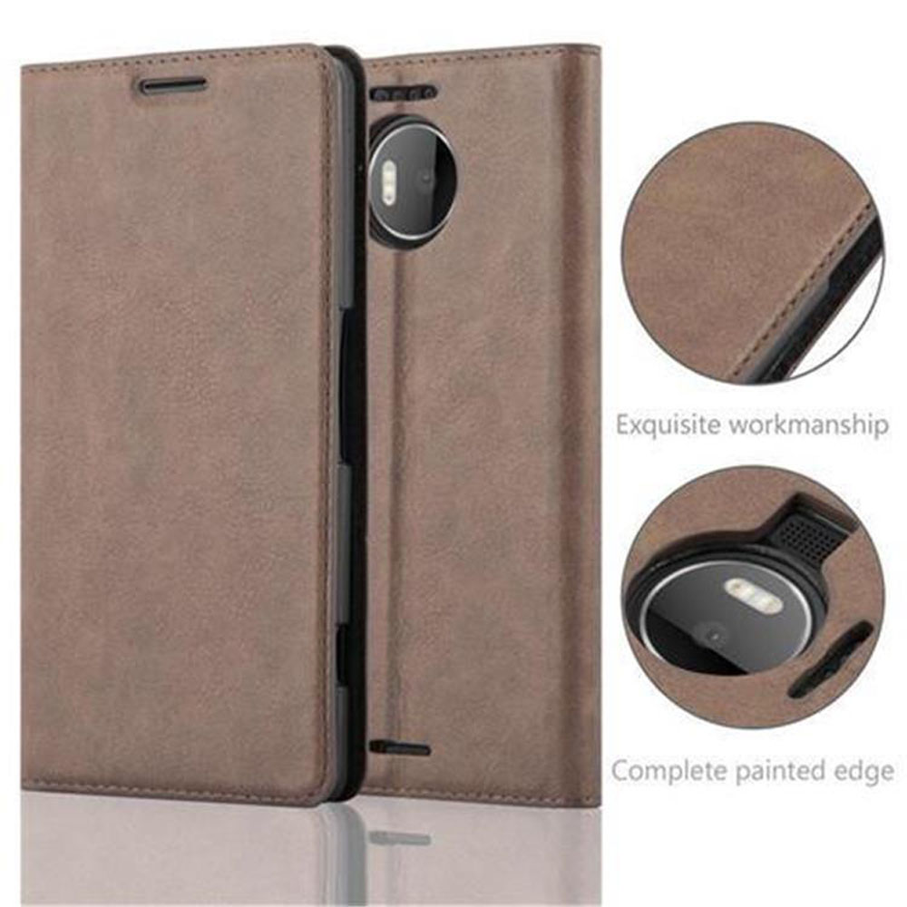 Funda de teléfono de cuero marrón. Características: exquisita mano de obra y borde pintado completo. Primeros planos muestran detalles.