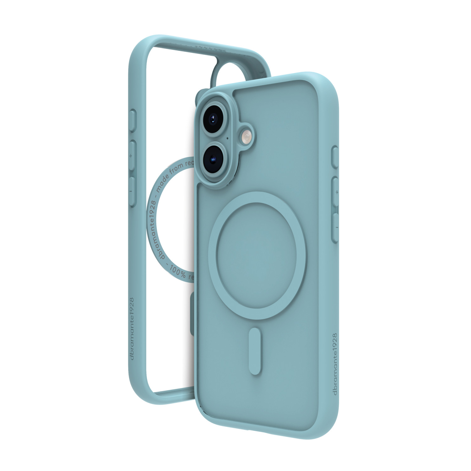 Una custodia per telefono azzurra con un telaio trasparente. La custodia ha un ritaglio per la fotocamera, un'indentazione circolare e un'area di ricarica magnetica.