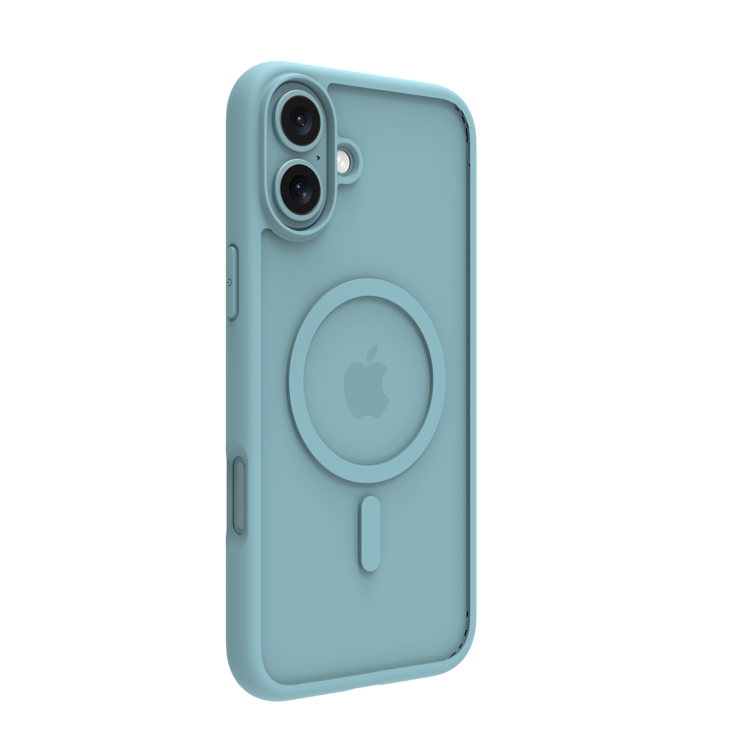 Una custodia per telefono azzurra con logo Apple e aperture per fotocamera, isolata su sfondo bianco.