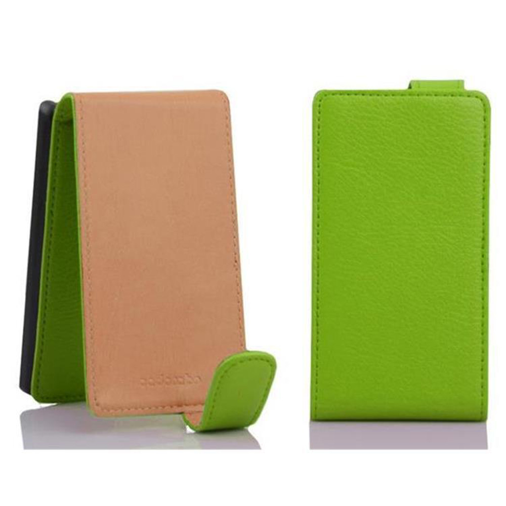 L'immagine mostra tre custodie per telefoni: beige, verde e nera. Una è aperta e piegata, un'altra in posizione verticale e una chiusa.