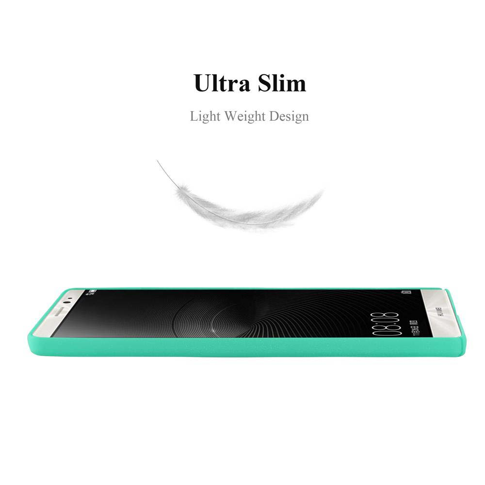 Uno smartphone con schermo nero e cornice verde acqua. Sopra, il testo dice Ultra Slim, Light Weight Design, con una piuma.
