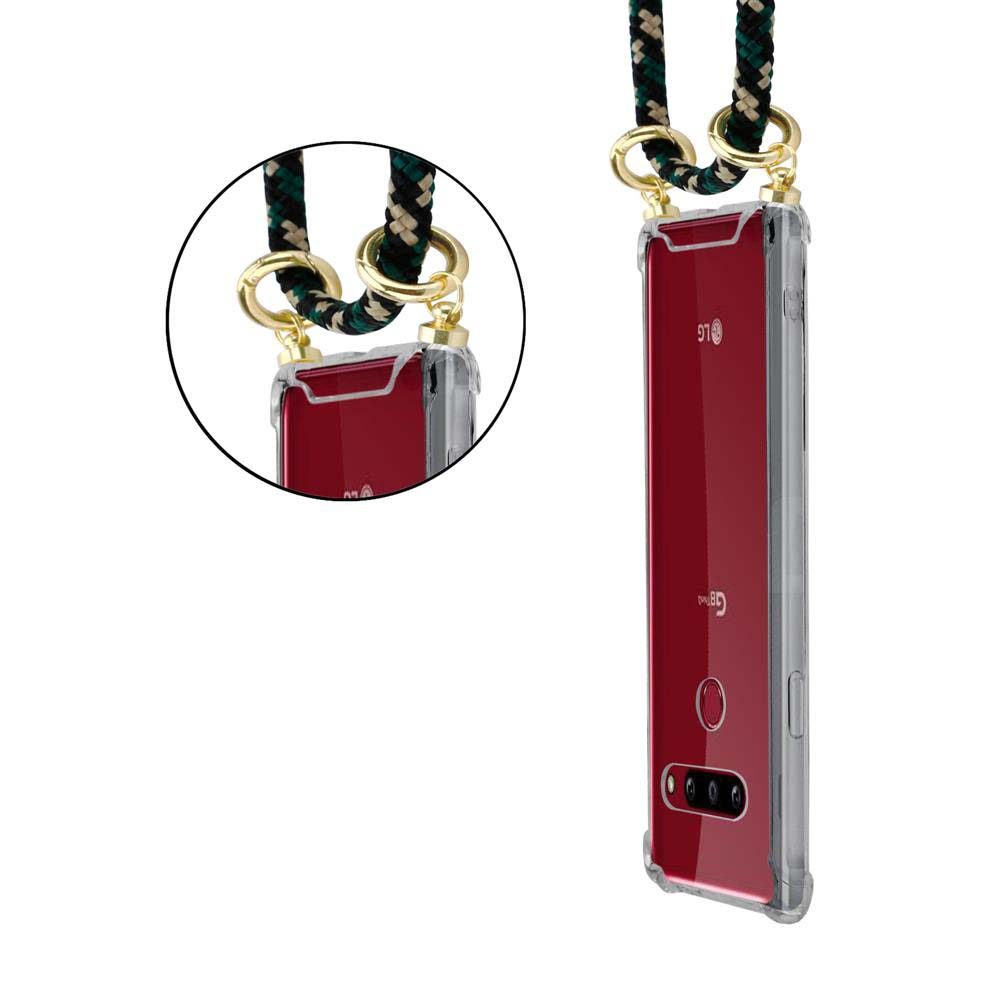 Ein LG-Telefon in einer durchsichtigen Hülle mit roter Rückseite, das an einem grün-schwarzen Seil hängt. Die Hülle hat goldene Ringbefestigungen.