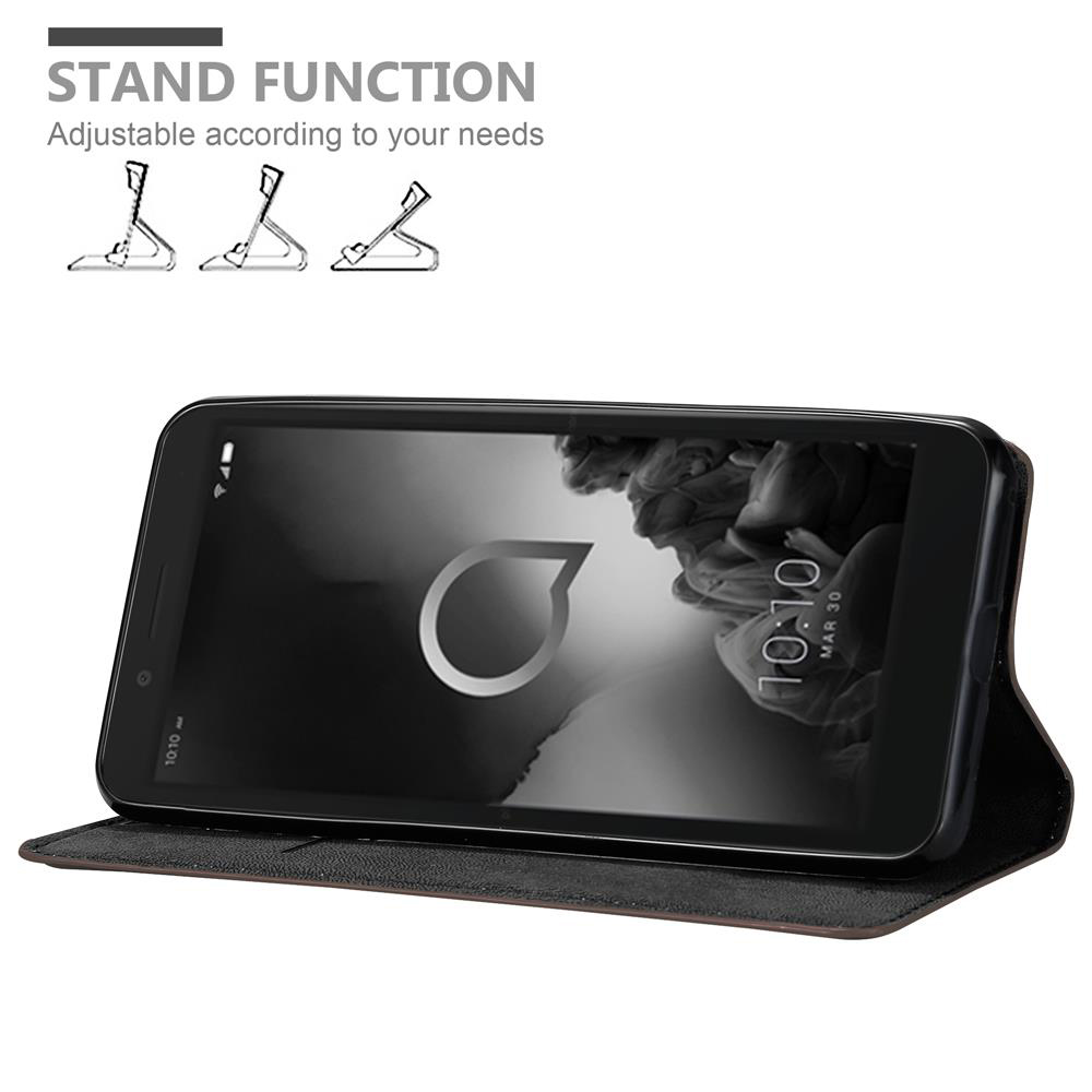 Ein Telefon in einer Hülle, Bildschirm zeigt Logo und Datum. Text lautet 'STAND FUNCTION'. Die Hülle ist verstellbar.