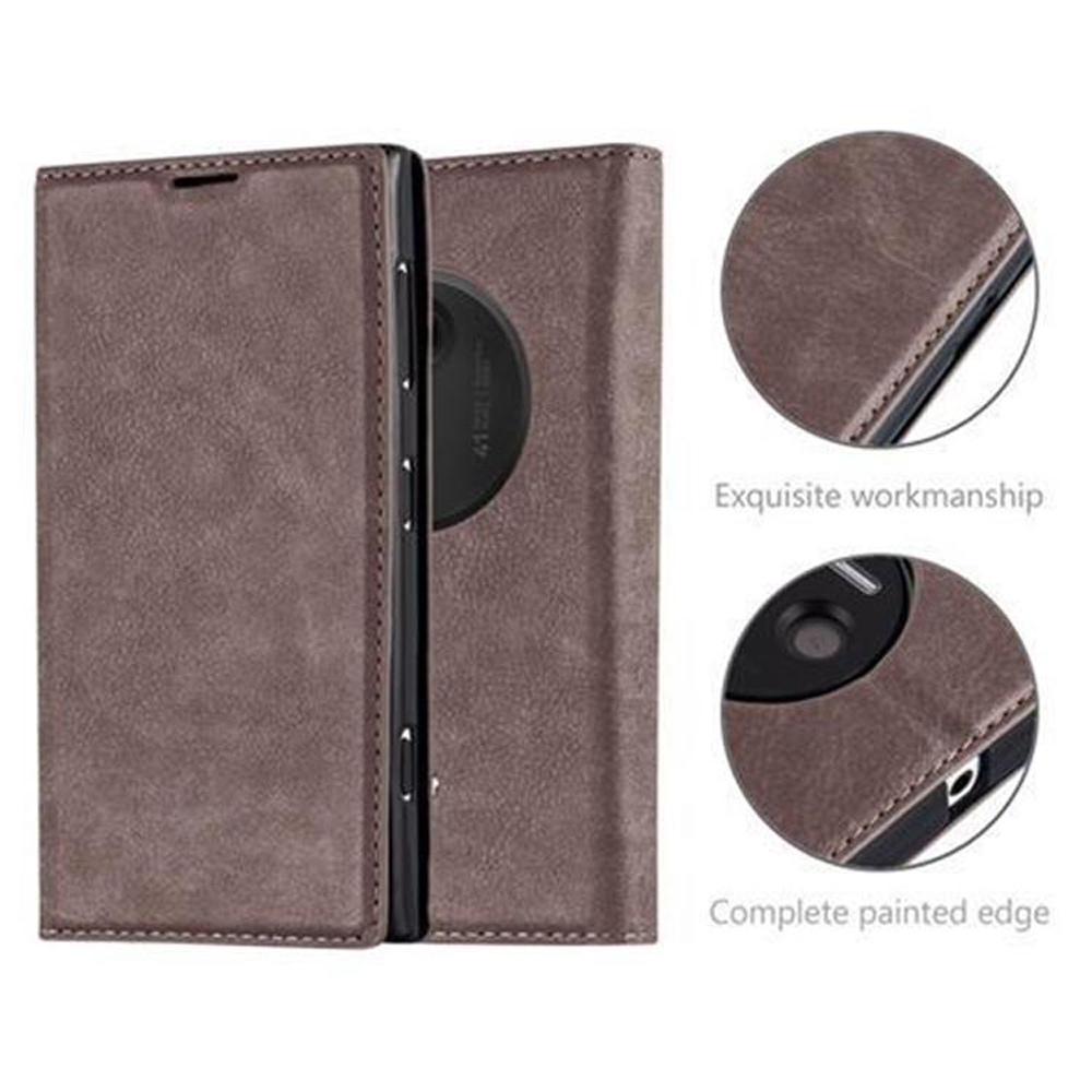 Eine braune Handyhülle mit strukturierter Oberfläche. Zwei kreisförmige Details zeigen exquisite Verarbeitung und einen vollständig lackierten Rand.