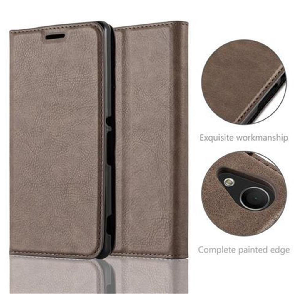 Se muestra una funda de teléfono de cuero marrón, abierta y cerrada, con detalles de primer plano que muestran artesanía exquisita.