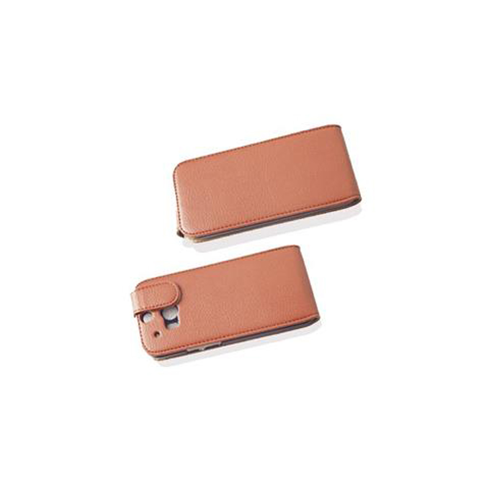 Dos fundas de teléfono de cuero marrón abiertas se muestran sobre un fondo blanco. Una funda está cerrada, la otra abierta.
